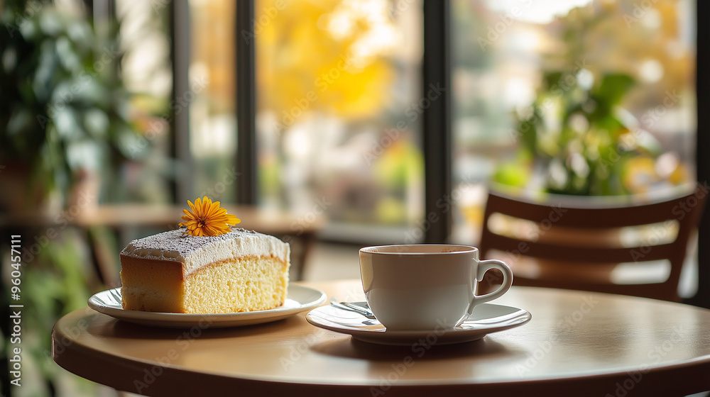 cup of coffee and plate of cake in the restaurant cup of coffee and plate of cake in the restaurant