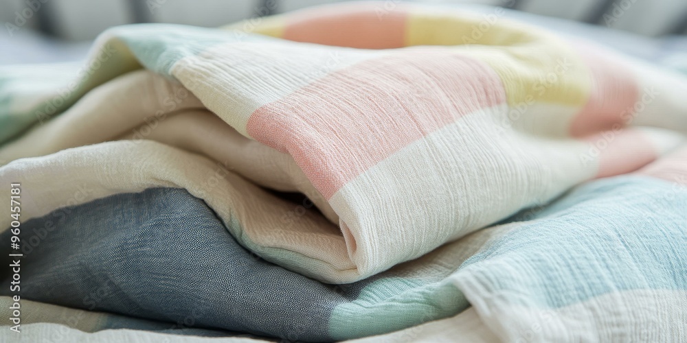 Soft, colorful, patterned fabric folded on bed. Soft, colorful, patterned fabric folded on bed.