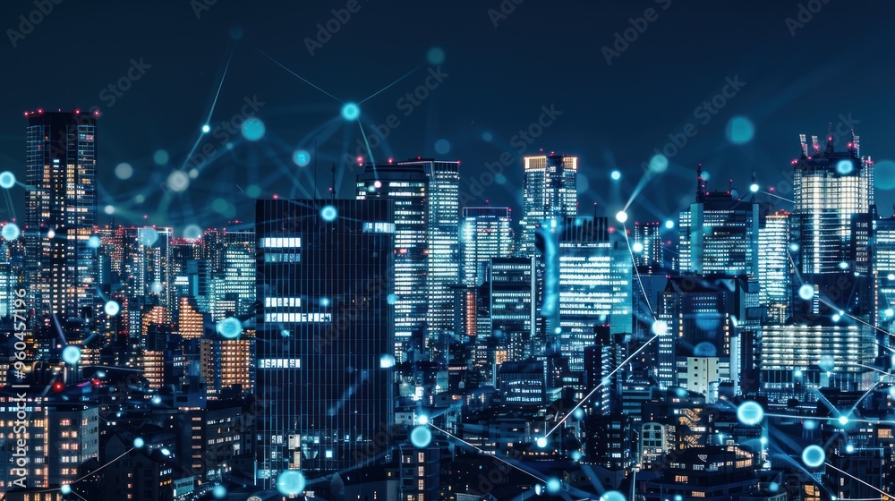 Nighttime Cityscape with Network Connections