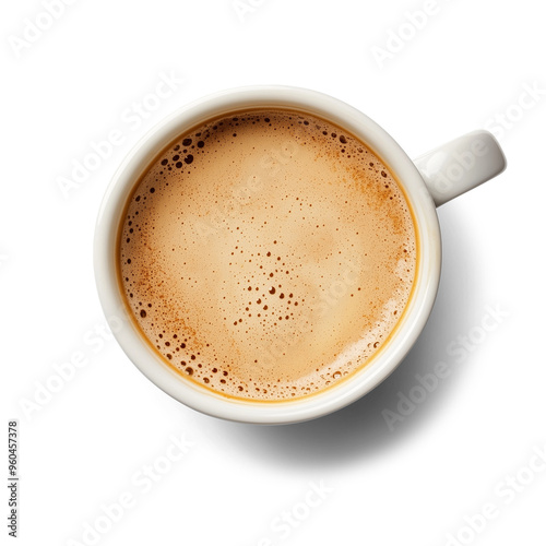 Realistic top view of a white ceramic cup of coffee with creamy froth, minimalistic design, isolated on a transparent background with soft shadows and high detail photo