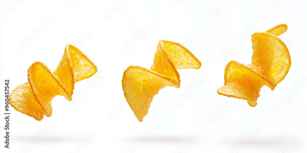 Naklejka premium Spiral-shaped potato chips floating in the air