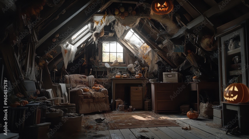 Fototapeta premium Spooky Attic Filled with Halloween Decorations and Pumpkins