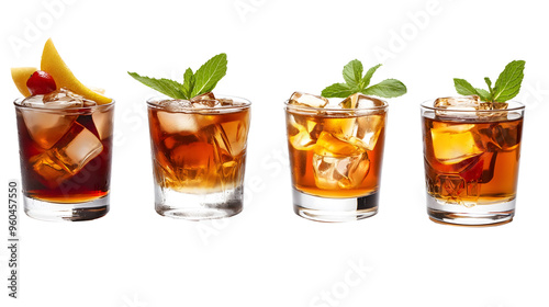 four whiskey glasses filled with ice isolated png transparent background