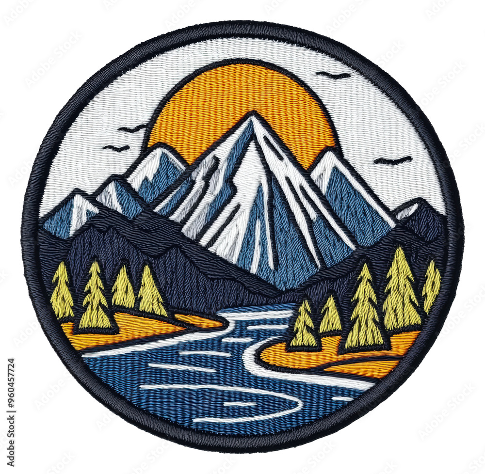 Obraz premium Mountain scene with river and sun emblem, cut out - stock png.