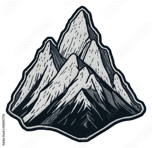 Intricate mountain embroidery patch, cut out - stock png. photo