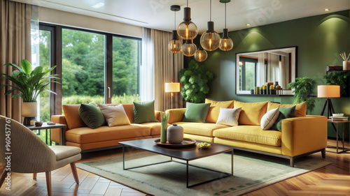 Bright and modern living room featuring a yellow sofa, stylish decor, and large windows with greenery outside