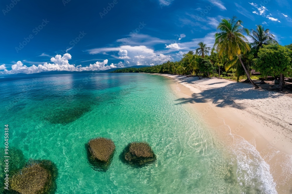 Fototapeta premium Panoramic photo, island shoreline, tropical paradise shows crystal-clear waters lapping against white sandy beaches