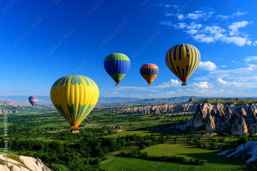 Fototapeta premium Panoramic photo, hot air balloons, floating above a vast landscape, offering a unique and colorful perspective