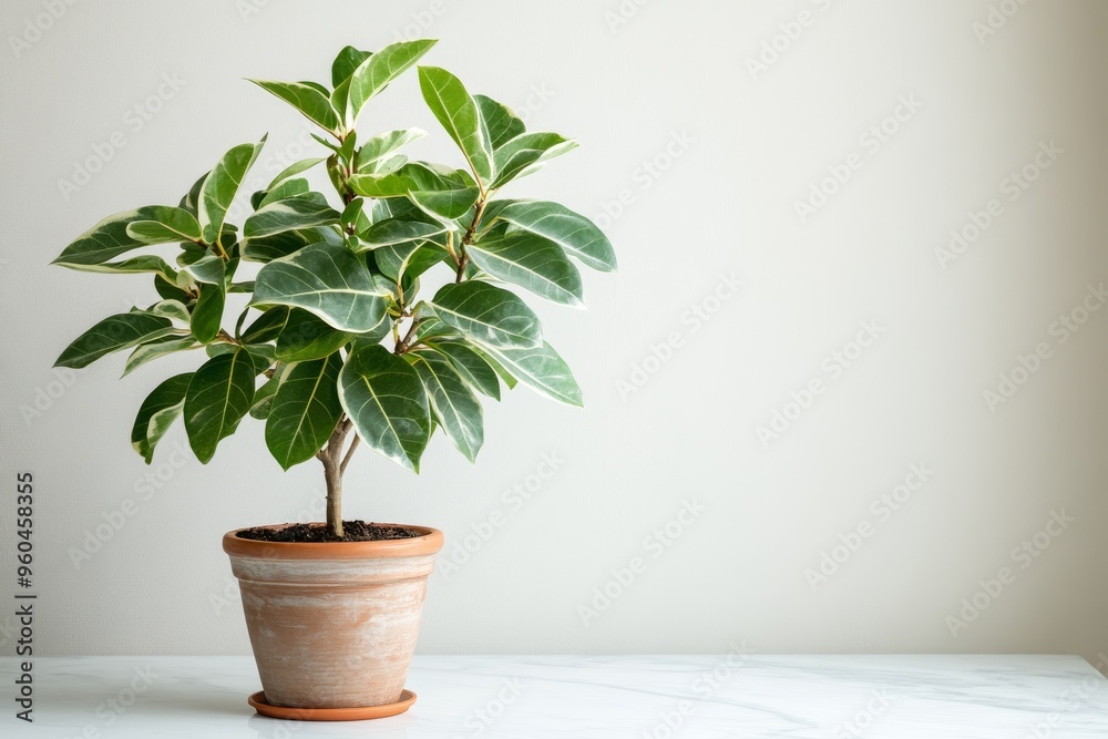 Obraz premium Ficus in a white clay pot on a table on a white background. Green indoor plant in a ceramic pot. Copy space.