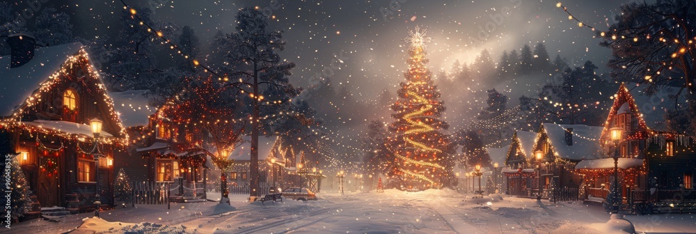 In this cheerful winter scene, a snow-covered town square glows with twinkling Christmas lights, festive lanterns, and a giant decorated tree as the centerpiece, banner In this cheerful winter scene, a snow-covered town square glows with twinkling Christmas lights, festive lanterns, and a giant decorated tree as the centerpiece, banner