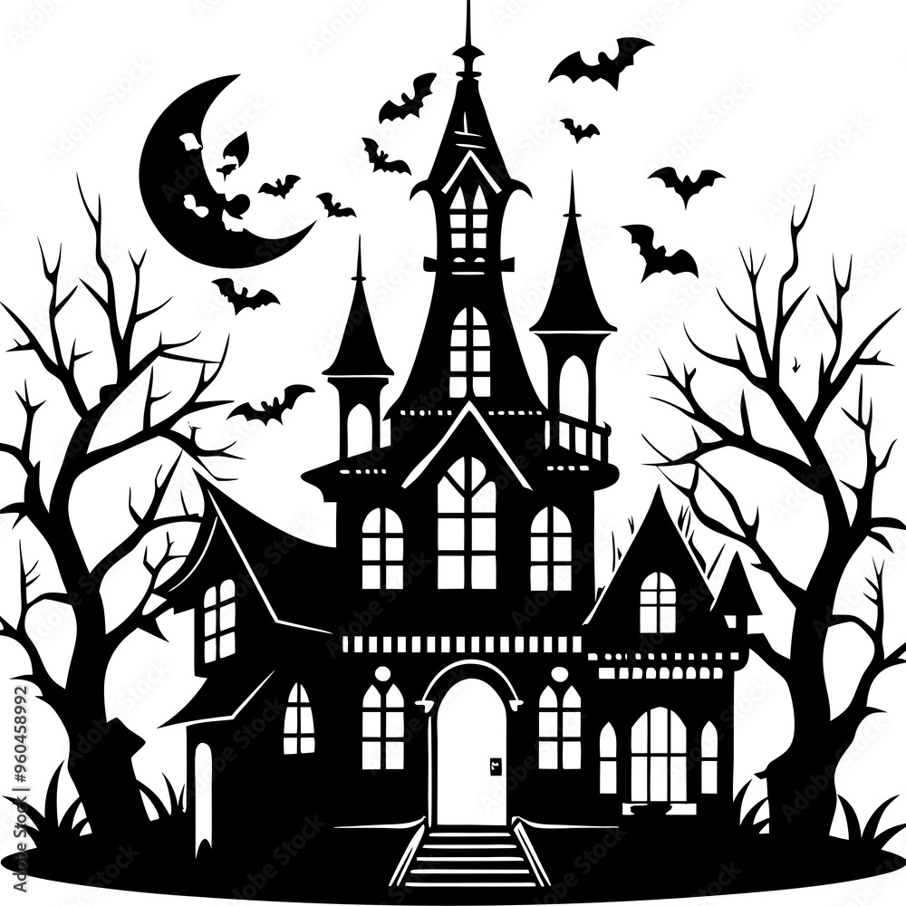 Halloween haunted house silhouette illustration on white background
Halloween haunted house silhouette illustration on white background