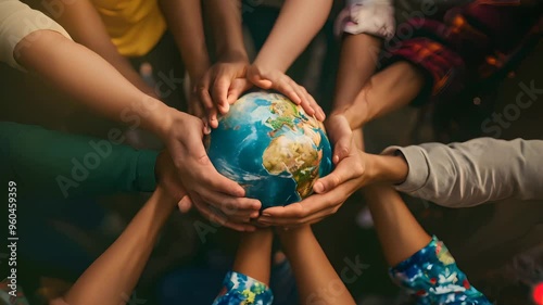 Hands of diverse racial and ethnic origins holding a globe, symbolizing inclusion, equality, and teamwork