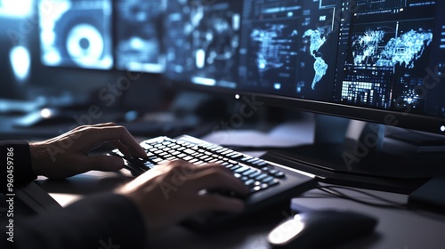 Close-up of hands typing on a keyboard with multiple screens displaying data and digital graphics in a modern workspace. photo