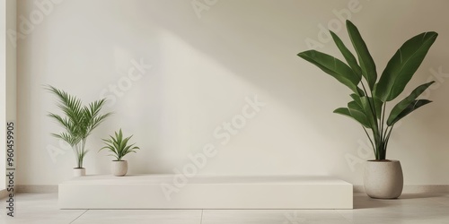 White wall, floor, and platform with potted plants.