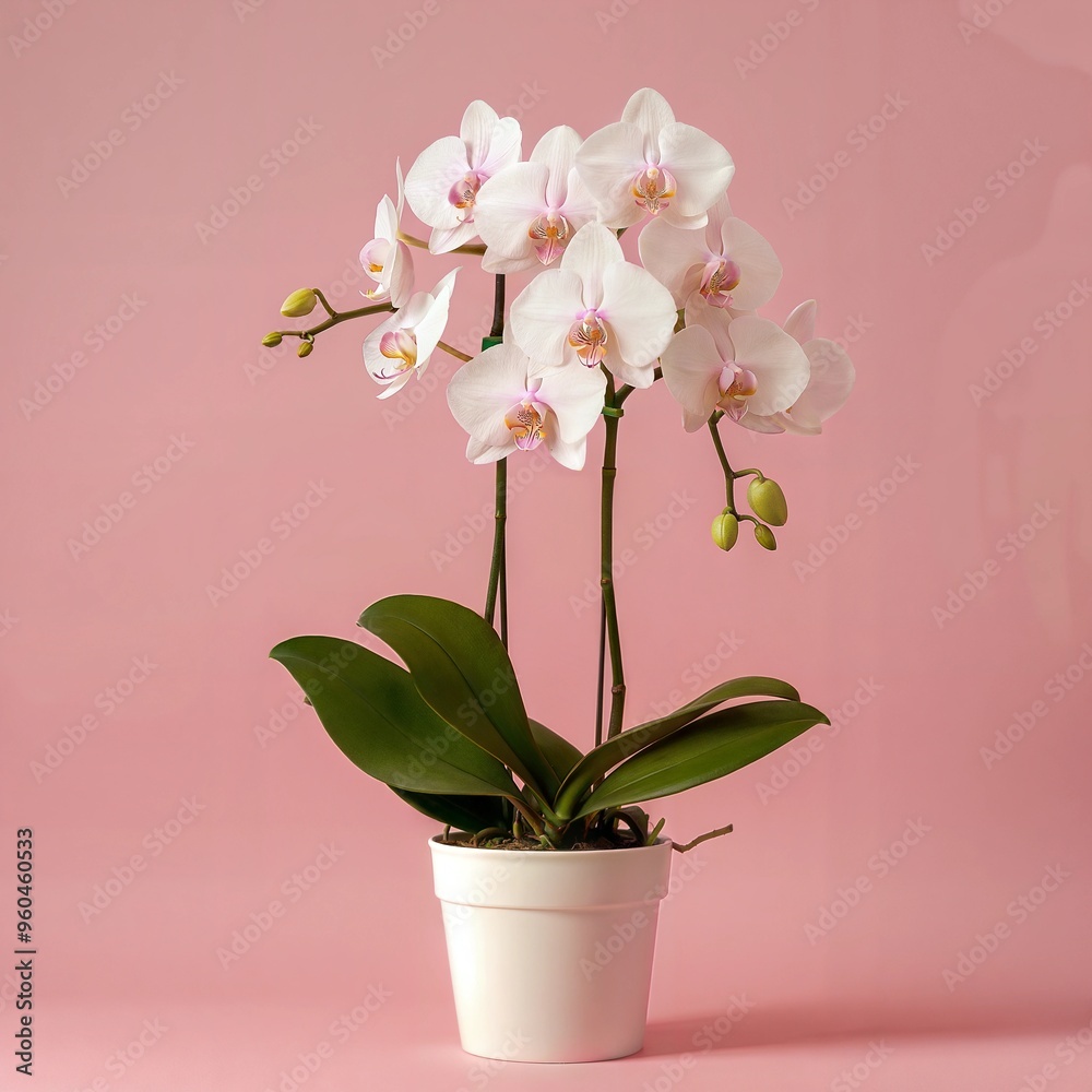 Luxurious white orchid with cascading blooms in a white pot against a pastel pink background for decor Luxurious white orchid with cascading blooms in a white pot against a pastel pink background for decor