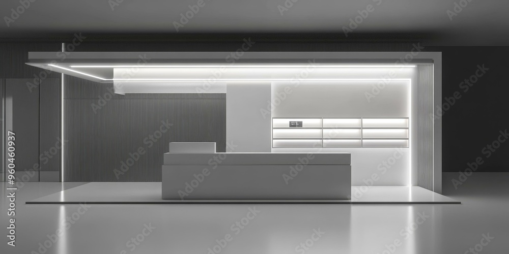 Minimalist store interior with white counter and shelves. Minimalist store interior with white counter and shelves.