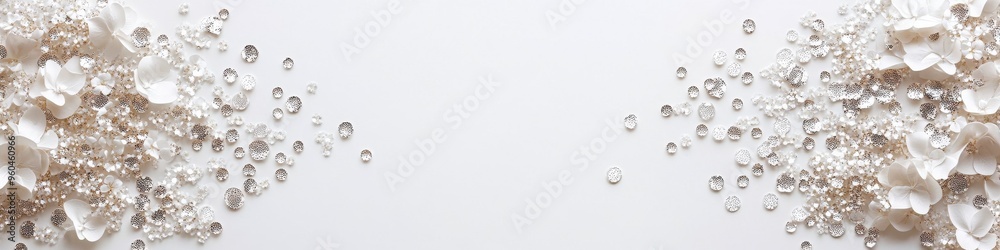 Shiny rhinestones and crystals on a white background. Glitter, glass and sequins. Borders or frame. Copy space Shiny rhinestones and crystals on a white background. Glitter, glass and sequins. Borders or frame. Copy space