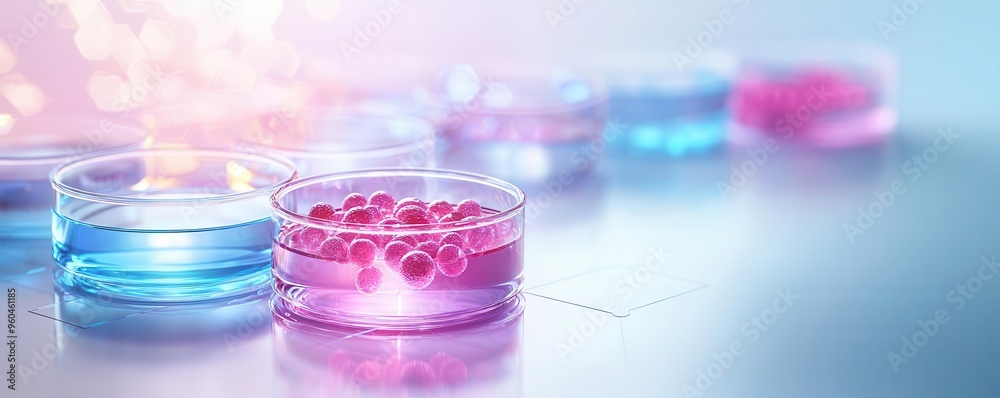 Futuristic biotech lab with rows of petri dishes growing genetically modified organisms under blue light Futuristic biotech lab with rows of petri dishes growing genetically modified organisms under blue light