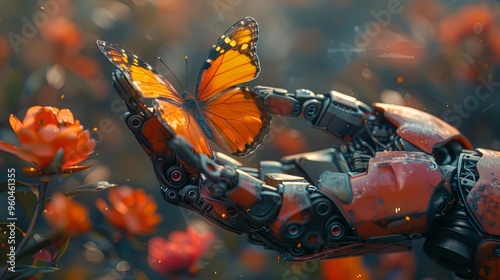 Technology and nature concept, surreal artwork, robot hand with butterfly , conceptual of freedom ,painting illustration , science ,3d illustration photo