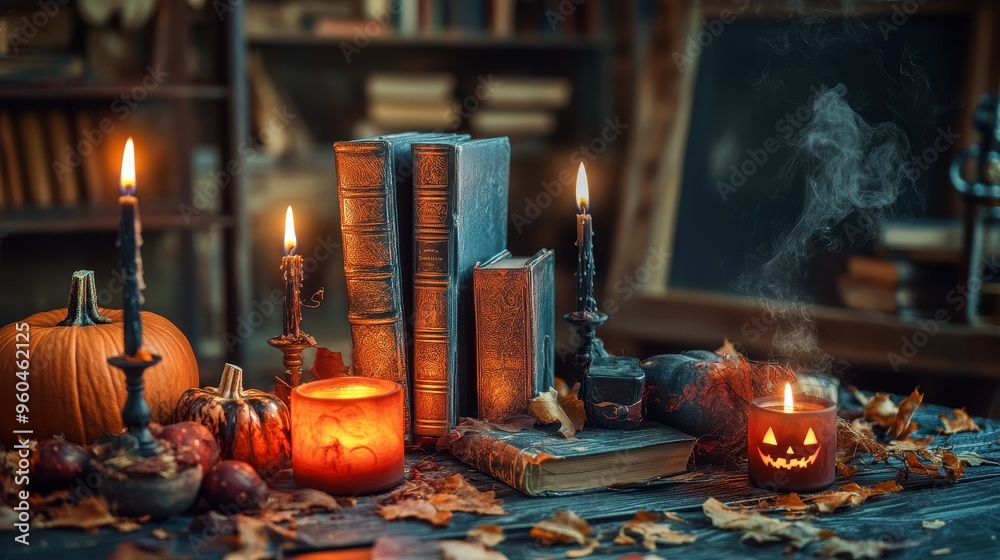 Obraz premium Cozy Autumn Atmosphere in a Dimly Lit Antique Library