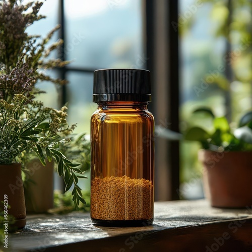 Detailed view of a bottle of trace minerals with focus on energy support, bright background photo