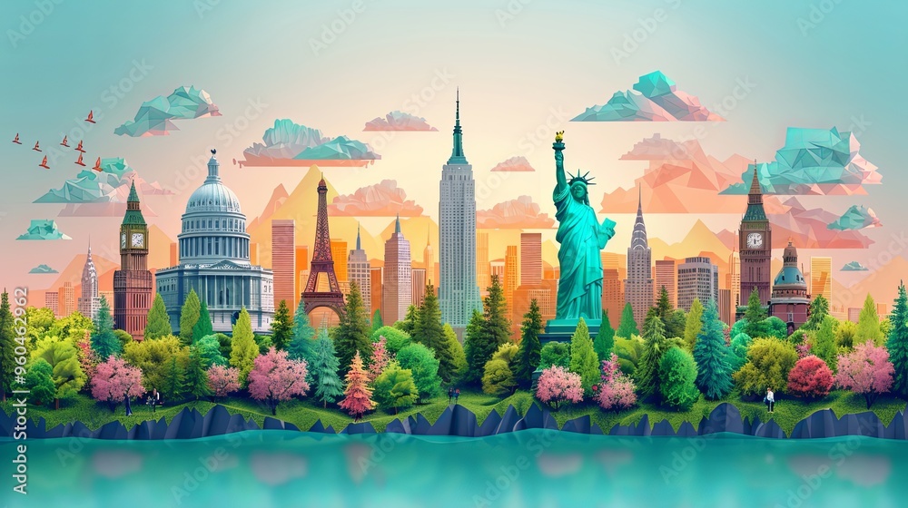 Obraz premium vector, illustration, Travel the world monument concept