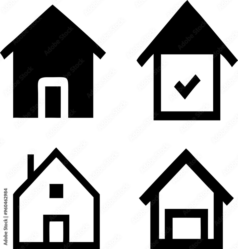 A comprehensive set of home icons designed for digital platforms, offering a range of house shapes from traditional to modern. This collection includes multiple variations, such as simple rooftops, A comprehensive set of home icons designed for digital platforms, offering a range of house shapes from traditional to modern. This collection includes multiple variations, such as simple rooftops,