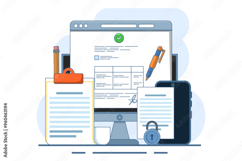 Contract Signing Concept. Signing legal document, electronic contract, online agreement document. Reading and signing the terms and conditions of the contract. Flat web vector illustration. Contract Signing Concept. Signing legal document, electronic contract, online agreement document. Reading and signing the terms and conditions of the contract. Flat web vector illustration.
