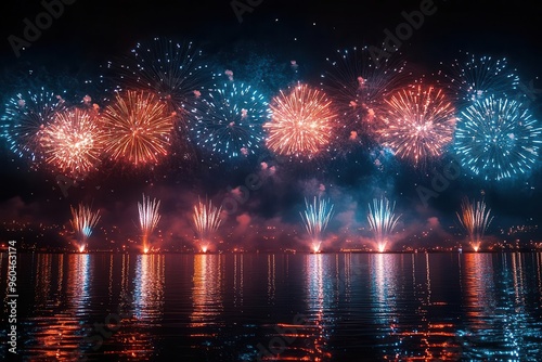 spectacular fireworks display illuminating night sky bursts of red white and blue creating patriotic tableau reflections shimmering on water below