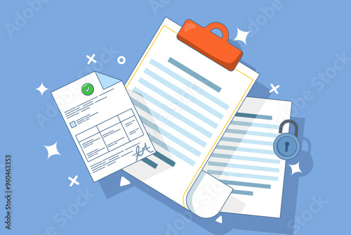 Contract Signing Concept. Signing legal document, electronic contract, online agreement document. Reading and signing the terms and conditions of the contract. Flat web vector illustration.