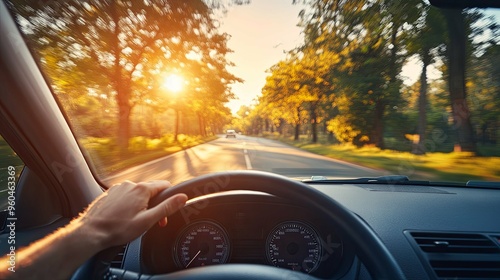 Driving on a Road through Trees at Sunset