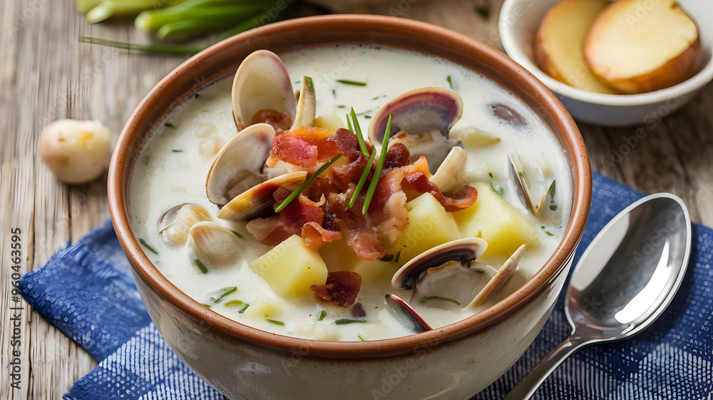 A bowl of clam chowder with tender clams, diced potatoes, and celery, topped with crumbled bacon and a sprinkle of chives, served in a rustic ceramic bowl. A bowl of clam chowder with tender clams, diced potatoes, and celery, topped with crumbled bacon and a sprinkle of chives, served in a rustic ceramic bowl.