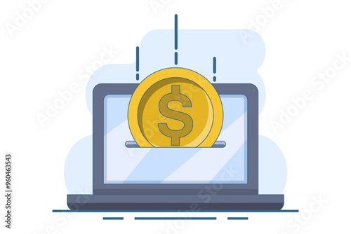 Digital Money Concept with Laptop. Manage transfer, income, online, payment, loan, profit, economy and finance. Flat vector illustration isolated on background.