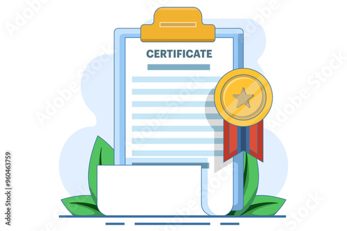 document concept with license, certificate and medal. Achievement icon. Award icon. Diploma icon, certificate or diploma with background, flat vector illustration on background.