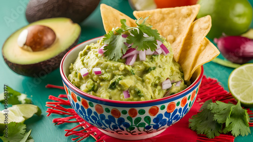 A bowl of guacamole with fresh avocado, lime juice, cilantro, and red onions, served with a side of tortilla chips in a festive bowl.