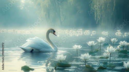 majestic swan gliding through lotusfilled pond misty atmosphere ethereal light ripples in sparkling water photo