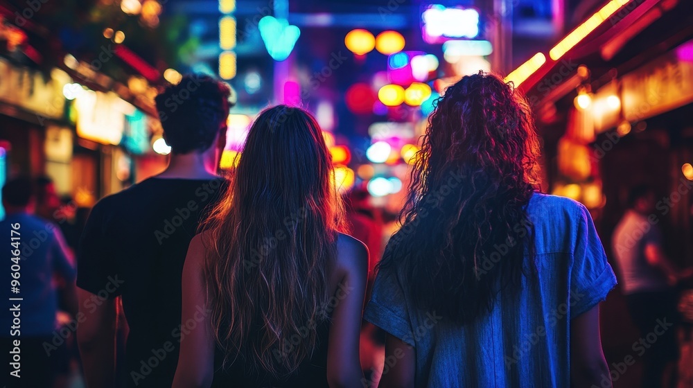 Vibrant Nightlife in the City - Silhouettes of People Walking in a Colorful, Lively Urban Setting Vibrant Nightlife in the City - Silhouettes of People Walking in a Colorful, Lively Urban Setting
