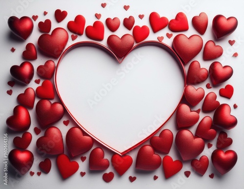 Hearts arranged around a heart shaped frame on a white surface, love background