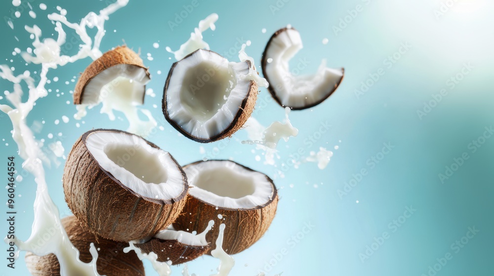 Coconut fruit closeup view with water juice splash Coconut fruit closeup view with water juice splash