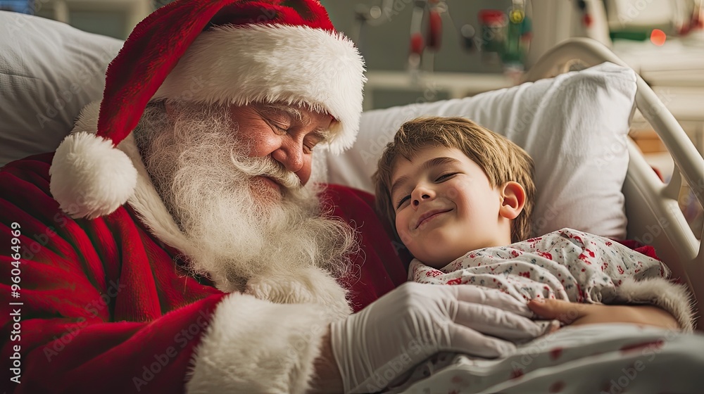 Santa Claus visits a sick boy in the hospital room. Santa Claus visits a sick boy in the hospital room.