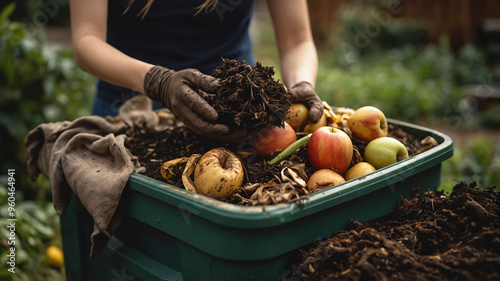 Woman putting organic waste into compost bin in garden. Composting food waste for sustainable living, zero waste, eco friendly gardening photo