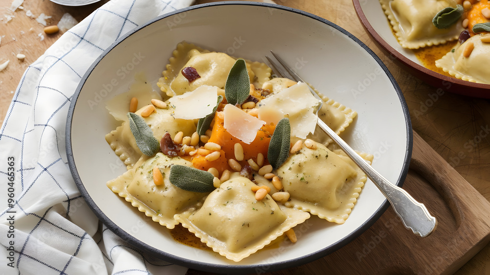A bowl of ravioli with butternut squash filling, tossed in a sage brown butter sauce and topped with toasted pine nuts and Parmesan shavings, served in a shallow white dish. A bowl of ravioli with butternut squash filling, tossed in a sage brown butter sauce and topped with toasted pine nuts and Parmesan shavings, served in a shallow white dish.