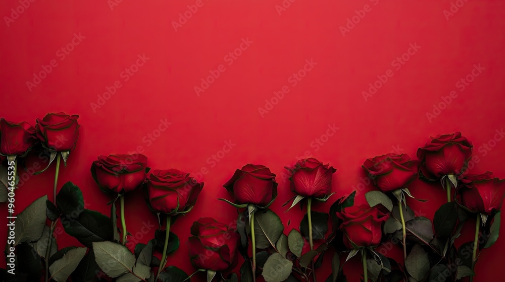 Red roses isolated on red background, copy space.