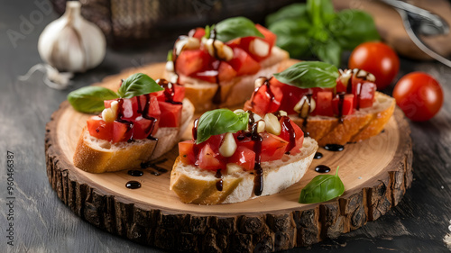 A plate of bruschetta with toasted baguette slices topped with diced tomatoes, garlic, basil, and a drizzle of balsamic glaze, served on a rustic wooden board.