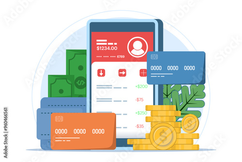 Online banking and mobile payments concept, login to bank account, digital wallet, internet money, savings and finance, mobile banking. Flat vector illustration on background.