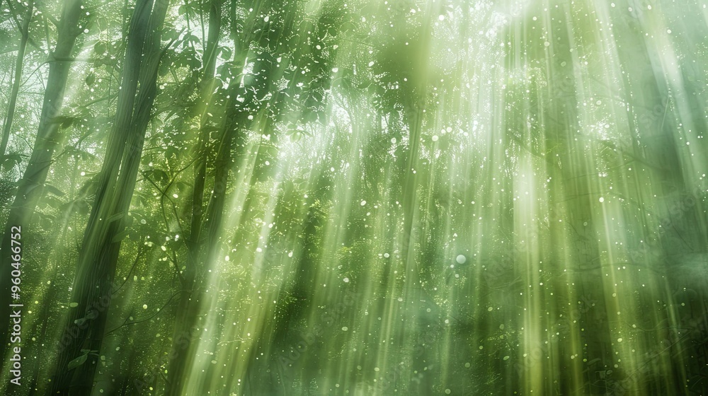 Obraz premium Serene forest backdrop with blurred textures and subtle light rays in soft green tones