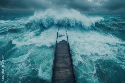 tempest clash dramatic aerial shot of churning floodwaters colliding with ocean surge creating massive whitecapped waves dwarfing a bridge ominous storm clouds looming overhead photo