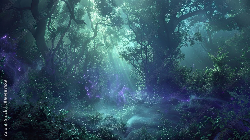 Mystical forest backdrop with swirling textures and glowing light in green tones Mystical forest backdrop with swirling textures and glowing light in green tones