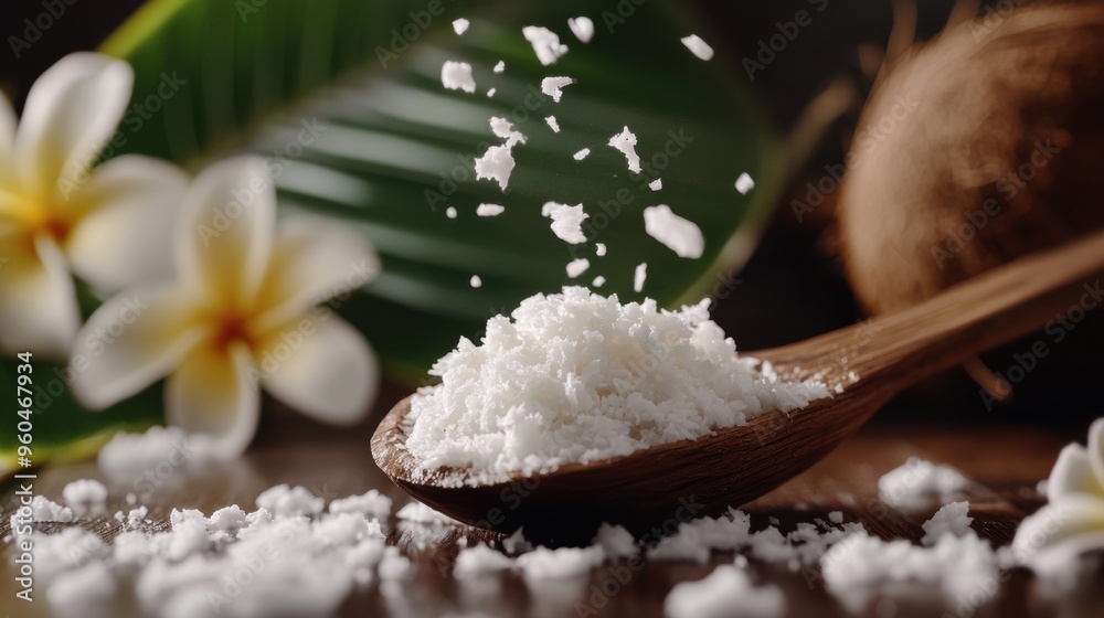 Coconut flakes in wooden spoon closeup view Coconut flakes in wooden spoon closeup view