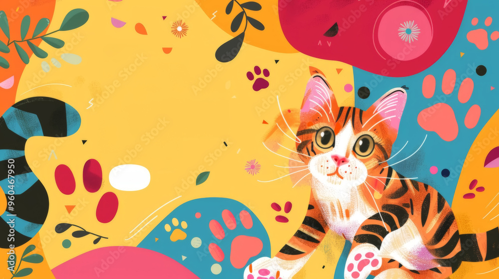 Illustrated Kitten with Playful and Colorful Background Illustrated Kitten with Playful and Colorful Background
